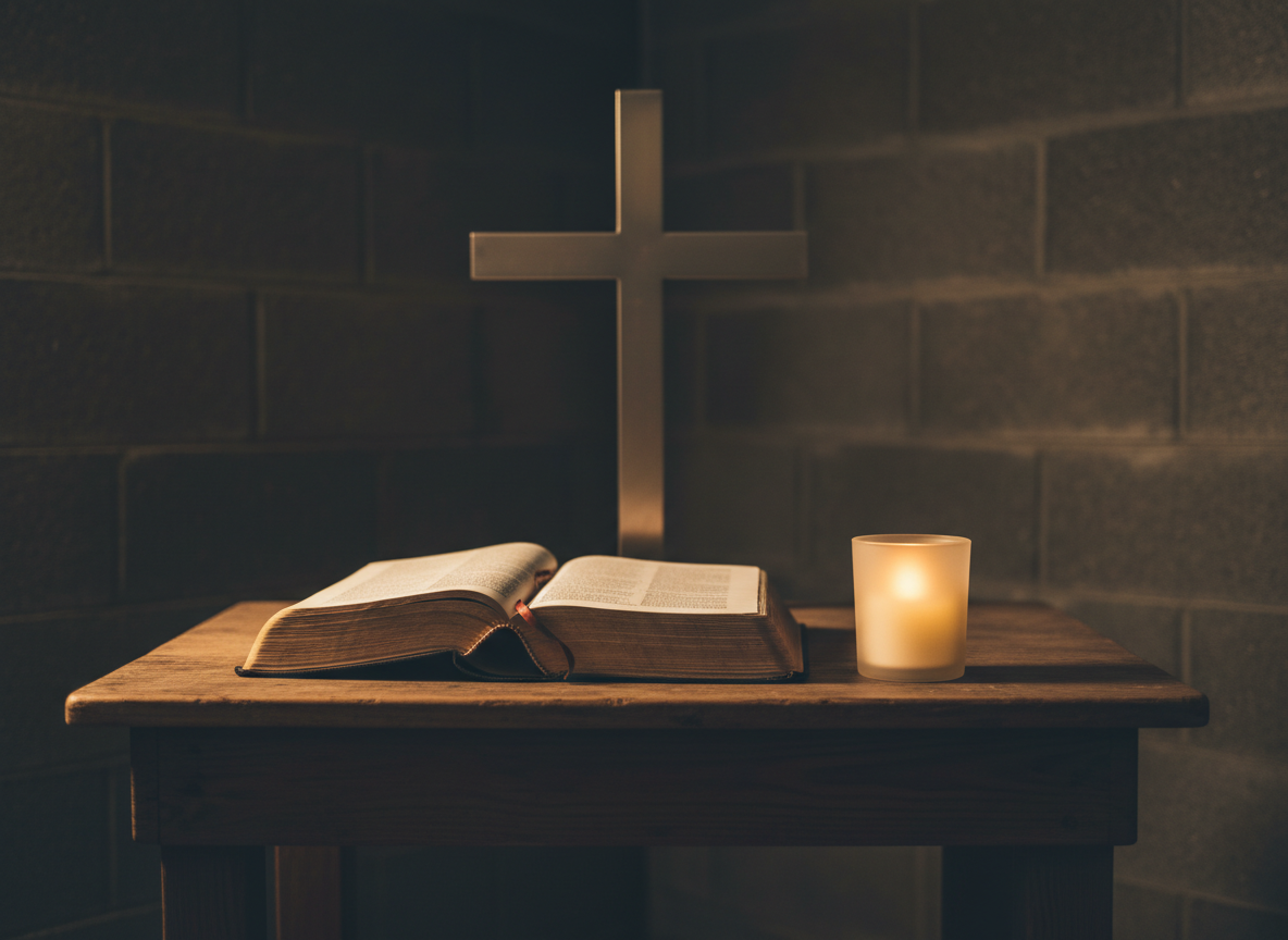 Inside a quiet chapel space, a simple wooden altar holds a well-read, open Bible with slightly curled pages, beside a small, battery-operated candle glowing softly within a frosted glass holder. Behind them rises a plain metal cross, its matte surface subtly reflecting the candle’s warm light. The walls are bare cinderblock, softened by the gentle illumination that creates a comforting contrast between the stark architecture and the sacred objects. Photographic realism with warm, low-key lighting and a serene, reverent mood. Shot at eye level with a shallow depth of field so the Bible and candle are crisp while the cross and wall blur gently, symbolizing faith and restoration in a carceral setting, without any human presence.