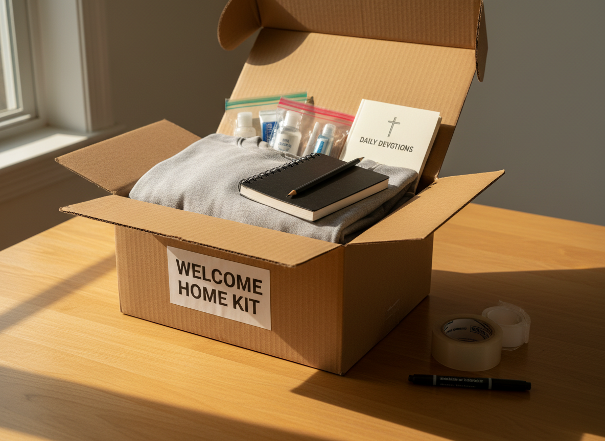 A cardboard shipping box sits on a clean table, its flaps open to reveal thoughtfully packed reentry essentials: a neatly folded plain sweatshirt, basic toiletries organized in clear pouches, a slim devotional booklet, and a small spiral-bound sketchpad resting on top. A printed label on the box reads "Welcome Home Kit" in a simple, modern font. A roll of packing tape and a black permanent marker lie nearby, hinting at ongoing preparation. Soft afternoon light from a side window casts long, gentle shadows and a warm tone across the contents. Photographic realism, composed with the box centered and shot from a three-quarter overhead angle, evoking readiness, care, and new beginnings without any people shown.