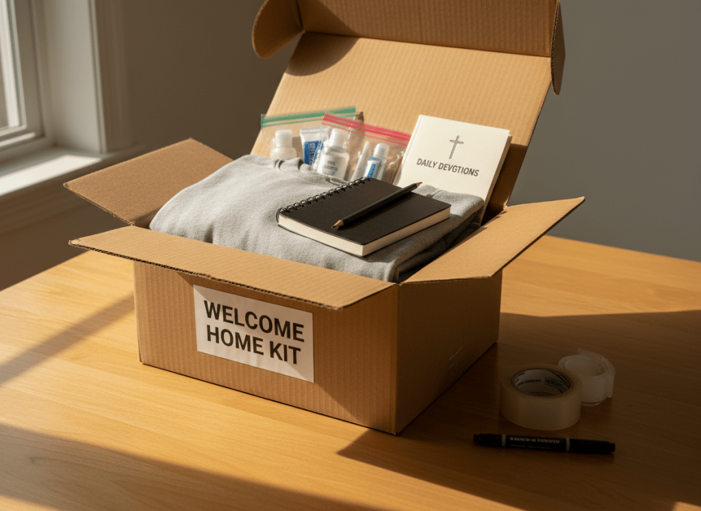 A cardboard shipping box sits on a clean table, its flaps open to reveal thoughtfully packed reentry essentials: a neatly folded plain sweatshirt, basic toiletries organized in clear pouches, a slim devotional booklet, and a small spiral-bound sketchpad resting on top. A printed label on the box reads "Welcome Home Kit" in a simple, modern font. A roll of packing tape and a black permanent marker lie nearby, hinting at ongoing preparation. Soft afternoon light from a side window casts long, gentle shadows and a warm tone across the contents. Photographic realism, composed with the box centered and shot from a three-quarter overhead angle, evoking readiness, care, and new beginnings without any people shown.