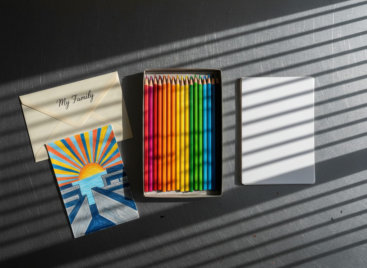 A close-up of an institutional metal desk surface, softened by a neatly arranged collection of art supplies: a box of well-used colored pencils organized by hue, a small stack of blank cardstock, and a folded letter addressed to "My Family" in careful hand-lettering. The envelope’s corner is tucked under a finished drawing of a sunrise breaking over stylized prison walls, rendered in vibrant oranges and blues. Cool daylight streams from the left as if through a barred window, creating gentle, linear shadows across the desk and emphasizing the texture of the metal. Photographic realism with a contemplative, hopeful mood, captured from an overhead perspective, emphasizing symmetry and clean composition without showing any people.