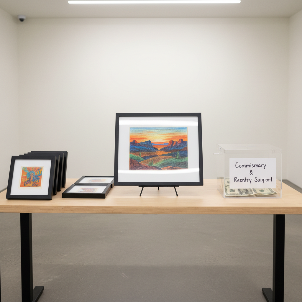 A neat display table is arranged in a minimalist gallery-like space, featuring framed artwork created with colored pencils and ink. The central piece is a vivid landscape in a simple matte-black frame, propped on a small easel, while surrounding pieces lie carefully stacked with corners slightly offset to reveal different designs. Beside them, a transparent donation box contains folded bills and a handwritten label reading "Commissary & Reentry Support." Diffused overhead lighting creates soft reflections on the donation box and subtle shadows beneath the frames. Photographic realism, composed using the rule of thirds from a slightly elevated angle, with a calm, professional atmosphere that communicates purpose, stewardship, and hope without any human figures present.