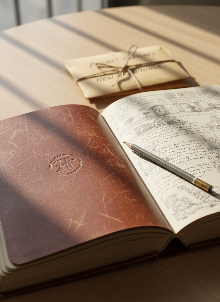 A worn but carefully preserved leather-bound journal lies open on a smooth wooden table, its pages filled edge to edge with intricate pencil drawings and neatly written verses. A simple graphite pencil rests diagonally across the center crease, its tip slightly dulled. In the background, a small stack of manila envelopes is tied with twine, labeled with neat handwriting. Soft morning light filters through an unseen barred window, casting gentle linear shadows across the pages and table surface. Photographic realism with a calm, hopeful mood, shot at eye level with a shallow depth of field that keeps the journal in sharp focus while the envelopes blur softly behind, conveying dignity, creativity, and second chances without showing any people.