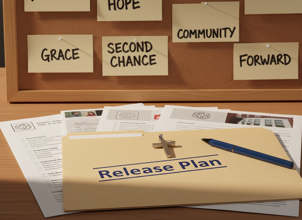 A carefully organized reentry resource desk featuring a clean manila folder stamped "Release Plan" in blue ink, resting atop a stack of printed checklists and brochures about housing, employment, and faith-based support. A modest ballpoint pen lies parallel to the folder’s edge, and a small cross pendant sits gently on top of the paperwork, its brushed metal surface catching the light. Behind, a corkboard displays pinned note cards with words like "Hope," "Grace," and "Second Chance" written in bold marker. Warm, soft overhead lighting creates inviting highlights and gentle shadows. Photographic realism, shot at a slightly elevated angle with sharp focus throughout, conveying structure, preparedness, and compassionate professionalism in a people-free scene.