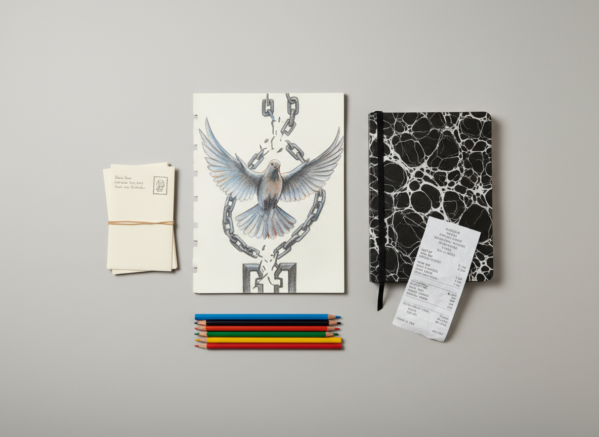 On a neutral background, a carefully arranged flat lay displays a collection of prison-approved art and stationery items: dull-tipped colored pencils, a small stack of pre-addressed envelopes, a lined composition notebook with a plain cover, and a transparent commissary receipt listing hygiene and food items. At the center lies a finished drawing of a dove breaking through stylized chains, meticulously shaded. Overhead, diffused studio lighting creates even illumination with soft, almost imperceptible shadows, emphasizing textures and hand-worn surfaces. Photographic realism with a clean, professional aesthetic, captured from directly above with sharp focus across the frame. The mood is quietly powerful and dignified, illustrating how creative work is transformed into practical support for commissary and reentry, without any depiction of people.
